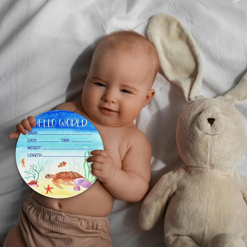 CLHHM Baby Announcement Sign, ​5.9 Inch Sea Turtle Theme Wooden Hello World Newborn Signs, Ocean Newbaby Gifts, Nursery Wall Décor, Baby Name Sign for Boys Girls - Image 3